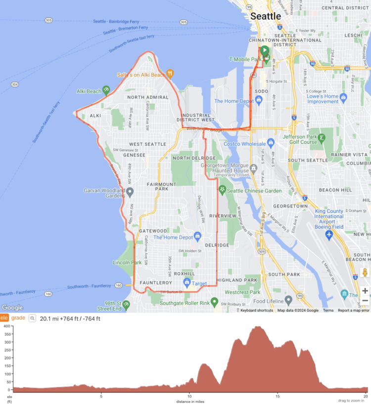 Route map and elevation chart for the Emerald City Ride 2024.
